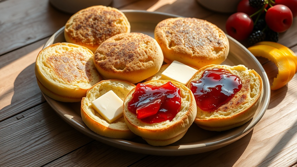 Homemade English Muffins Recipe A plate of homemade English muffins, some with butter and jam, on a rustic wooden table.